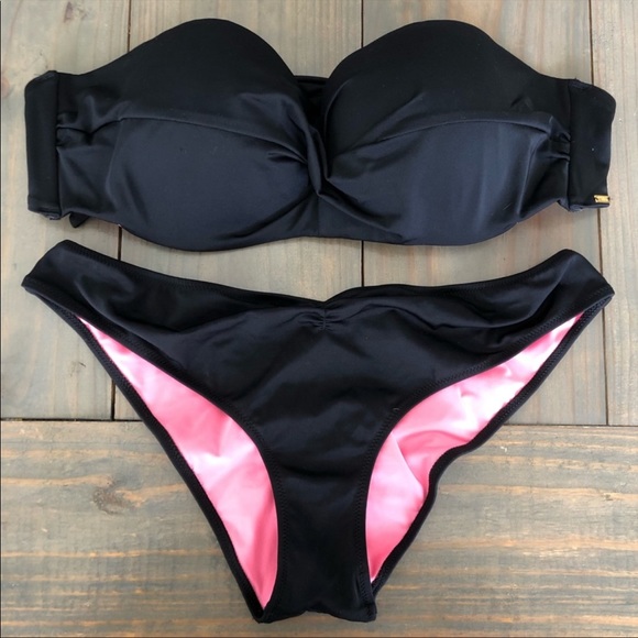 PINK Victoria's Secret Other - PINK Victoria’s Secret Black Bandeau Ruched Bikini Set